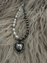 Load image into Gallery viewer, Split Pearl and Silver Bead Heart Necklace
