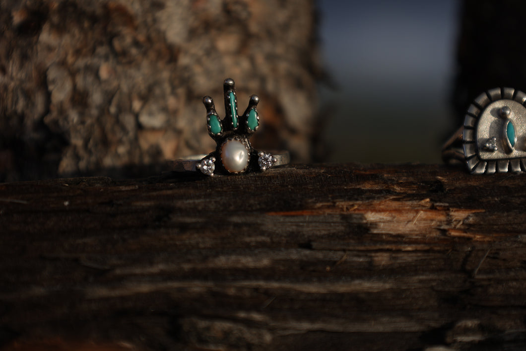 Pearl Ring With Diamond and Turquoise Accents